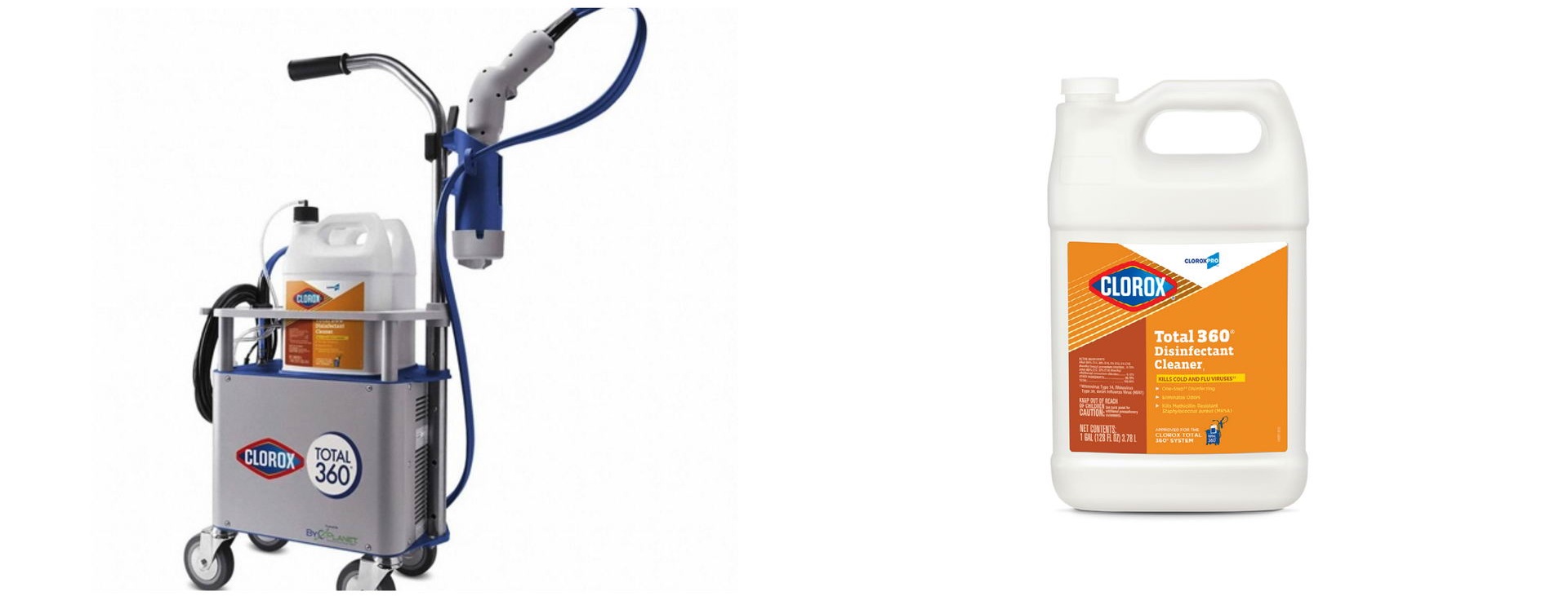 RestoPro770 sanitization sign and technician electrostatic spraying an office